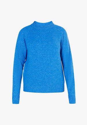 Pull en maille bleu avec un col rond, des manches raglan longues et une finition texturée. Fabriqué en tissu doux d'épaisseur moyenne.