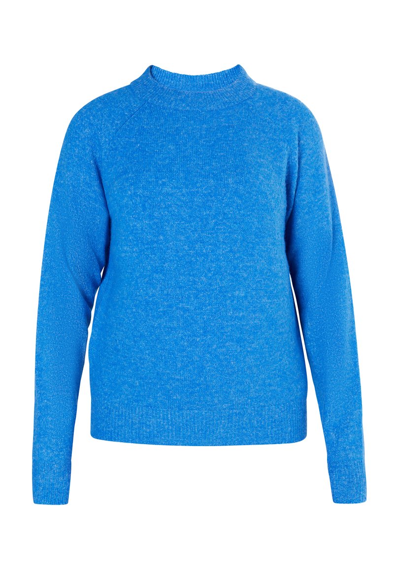 Blauer Strickpullover mit rundem Ausschnitt, langen Raglanärmeln und einer strukturierten Oberfläche. Aus weichem, mittelstarkem Material gefertigt.