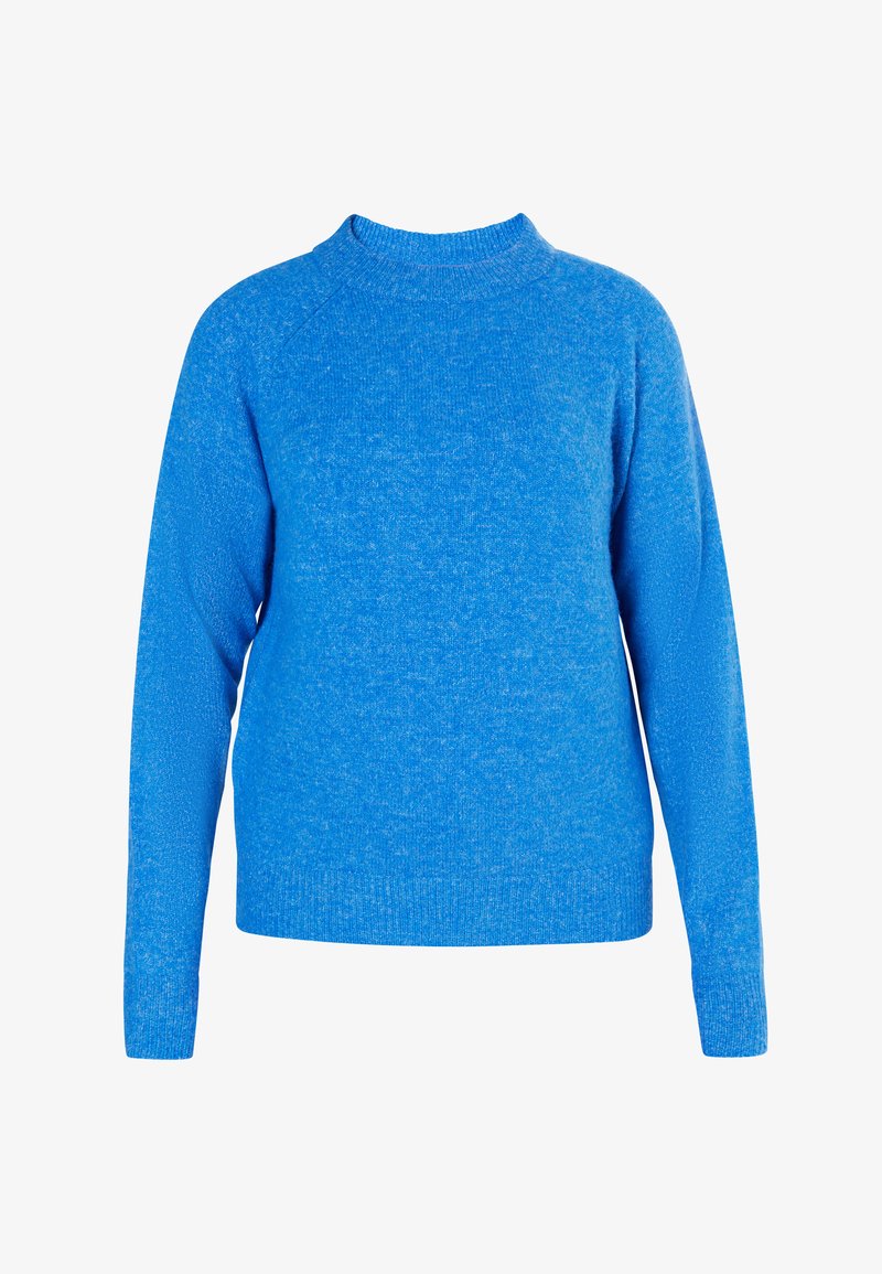 Blue knit sweater with a round neckline, long raglan sleeves, and a textured finish. Made from soft fabric with a medium thickness.