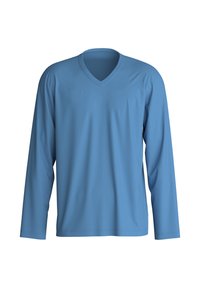 Long-sleeve V-neck shirt in light blue. Made of smooth fabric with a relaxed fit. Simple design, no visible patterns or accents.