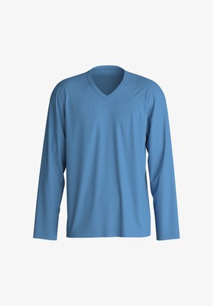 Langarm V-hals shirt in lichtblauw. Gemaakt van een gladde stof met een relaxte pasvorm. Eenvoudig ontwerp, zonder zichtbare patronen of accenten.