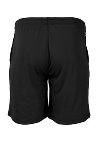 Mustat urheilushortsit nähtynä takaa, joissa on joustava vyötärö ja sivutaskut.