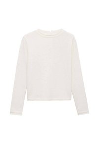 Maglia a maniche lunghe, cropped, in morbido tessuto bianco. Presenta un scollatura arrotondata e una leggera trama, con orli e maniche ben cuciti.