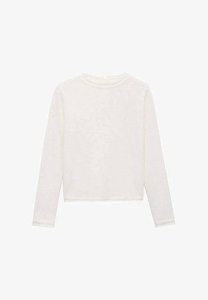 Langermige, cropped top van zacht witte stof. Heeft een ronde halslijn en subtiele textuur, met nette, gestikte zomen en mouwen.