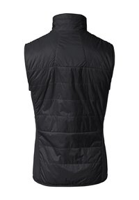 Gilet senza maniche nero con colletto alto, texture trapuntata e dettagli di cucitura orizzontale nella parte posteriore, caratterizzato da una finitura liscia.