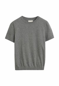 T-shirt grigio a maniche corte realizzato in tessuto morbido. Presenta un collo a giro e una silhouette leggermente aderente con vita elasticizzata.