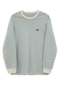Camisa de manga larga a rayas en crema claro con rayas marinas. Presenta un cuello redondo y puños acanalados. Logo de Vans en el pecho. Material de algodón suave.