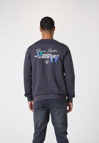 Mørkegrå sweatshirt med ribbede manchetter og kant. Bagsiden har et blåt sommerfuglegrafik og hvid tekst. Sammen med mørke jeans.