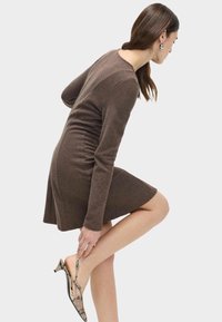 Brązowa sukienka z długim rękawem, o dopasowanej górze i rozszerzonym dole, wykonana z miękkiego, teksturowanego materiału. Posiada subtelny detal w postaci szwu na plecach.