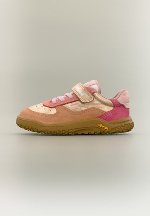 Children's sneaker in pink and peach tones with Velcro strap, mesh tongue, and rugged brown Vibram sole, shown in side view.
