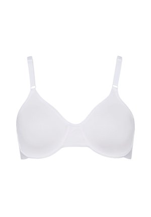 Weißer BH, glattes Material, nahtlose Schalen, dünne verstellbare Träger, ohne Bügel, mit einem einfachen, klassischen Design ohne Verzierungen.