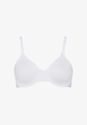 Weißer BH, glattes Material, nahtlose Schalen, dünne verstellbare Träger, ohne Bügel, mit einem einfachen, klassischen Design ohne Verzierungen.