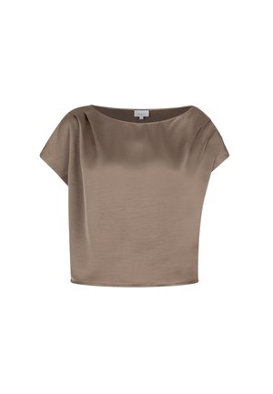 Korte mouwen, bruin top gemaakt van soepele stof met een brede, ronde halslijn en subtiele draping bij de schouders. Eenvoudig, relaxed ontwerp.