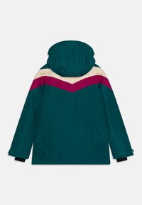 Teal-jacka med huva, med ett kräm- och magentafärgat chevronmönster på baksidan. Materialet verkar slätt, med kontrasterande svarta ärmslut.