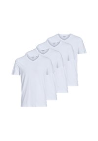 Fire hvide v-udskærings t-shirts med korte ærmer, lavet af blødt bomuldsstof. Enkel design uden mønstre, der fremhæver en minimalistisk stil.
