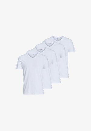 Quattro t-shirt bianche a scollo a V, maniche corte, realizzate in morbido cotone. Design semplice senza motivi, che mette in risalto uno stile minimalista.