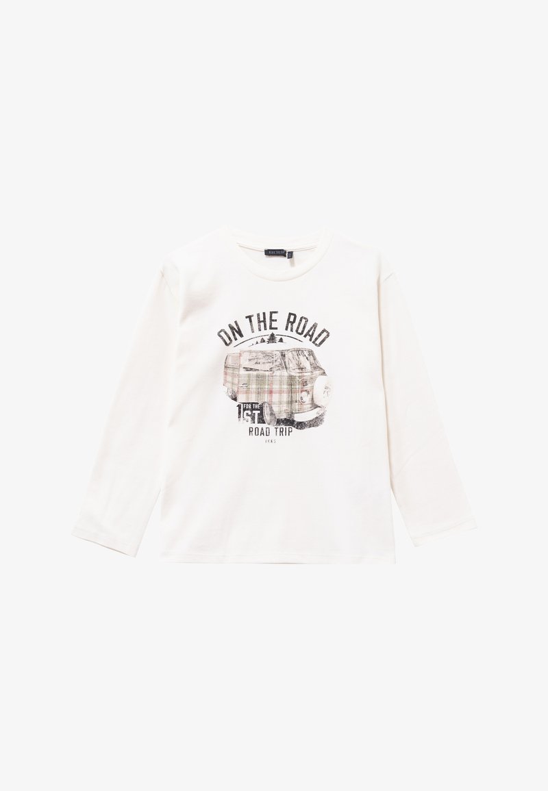 T-shirt à manches longues en coton crème avec un motif graphique d'une camionnette à carreaux et le texte "SUR LA ROUTE" en impression foncée.