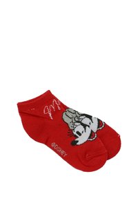 Calzini rossi con design di personaggi dei cartoni animati, con accenti bianchi e neri. Materiale tessile morbido, lunghezza alla caviglia, con bordo a coste per una vestibilità aderente.