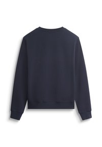 Felpa blu navy con scollatura a girocollo, maniche lunghe e polsini e fondo a coste. Tessuto morbido, design semplice, senza loghi o motivi visibili.