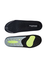 Black sports insoles with perforations, yellow and gray cushioned arch and heel support, and size markings from 40 to 43 on toe area.