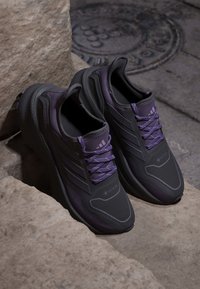 Par sorte og lilla Adidas Ultraboost Gore-Tex løbesko, der hviler på stenetrin nær en metal dæksel.