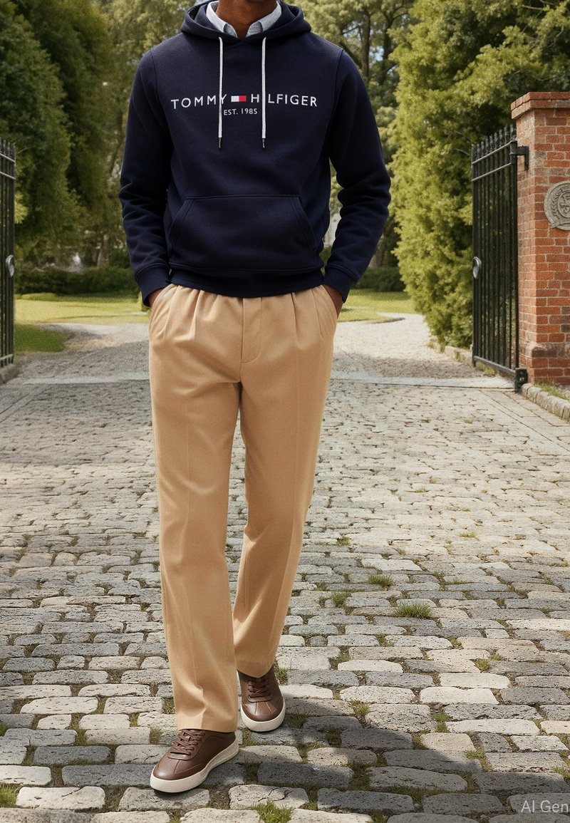 Homme portant un sweat à capuche Tommy Hilfiger bleu marine, un pantalon beige et des baskets marron marchant sur un chemin pavé entre des arbres et des grilles en fer.