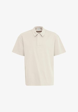 Kurzarm-Polohemd in hellem Beige, mit flachem Kragen, Knopfleiste und einer lockeren Passform aus weichem Baumwollmaterial.