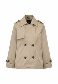 Beżowy trencz z podwójnym zapięciem, dużymi guzikami, szerokim kołnierzem, bocznymi kieszeniami i podwiniętymi rękawami. Wykonany z lekkiego materiału.