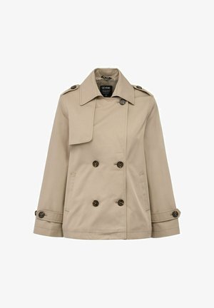 Beżowy trencz z podwójnym zapięciem, dużymi guzikami, szerokim kołnierzem, bocznymi kieszeniami i podwiniętymi rękawami. Wykonany z lekkiego materiału.