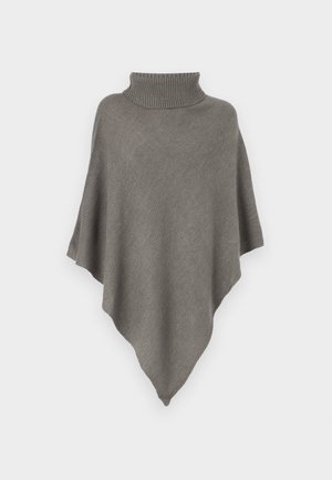 Gray knitted poncho with a high collar, featuring a loose, draped design and a triangular shape, crafted from soft yarn.