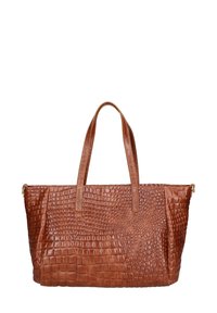 Borsa a spalla in pelle marrone con stampa coccodrillo, dotata di due manici e chiusura con zip. Forma rettangolare con superficie testurizzata e dettagli lisci.