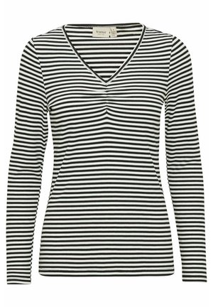 Czarny i biały w paski długi rękaw T-shirt z dekoltem w serek, o dopasowanym kroju i miękkim materiale, z delikatnym marszczeniem przy dekolcie.