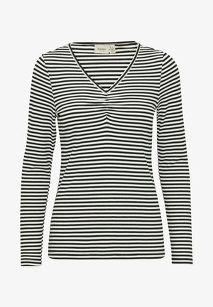 Zwart-wit gestreepte lange mouwen T-shirt met een V-hals, met een aansluitende pasvorm en zachte stof, met een subtiele rimpeling bij de halslijn.