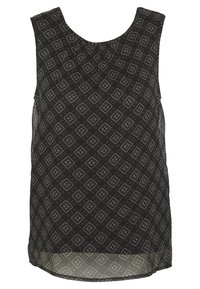 Černý top bez rukávů s geometrickým diamantovým vzorem v bílé a béžové barvě, s kulatým výstřihem a mírně delším zadním lemem.