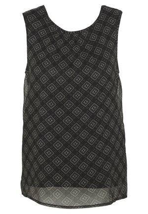 Top senza maniche nero con un motivo geometrico a diamante in bianco e beige, con scollatura rotonda e orlo posteriore leggermente più lungo.