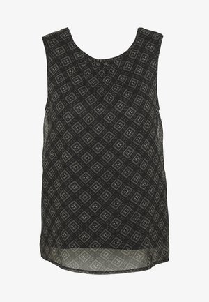 Schwarzes ärmelloses Oberteil mit einem geometrischen Rautenmuster in Weiß und Beige, mit rundem Ausschnitt und einem etwas längeren hinteren Saum.