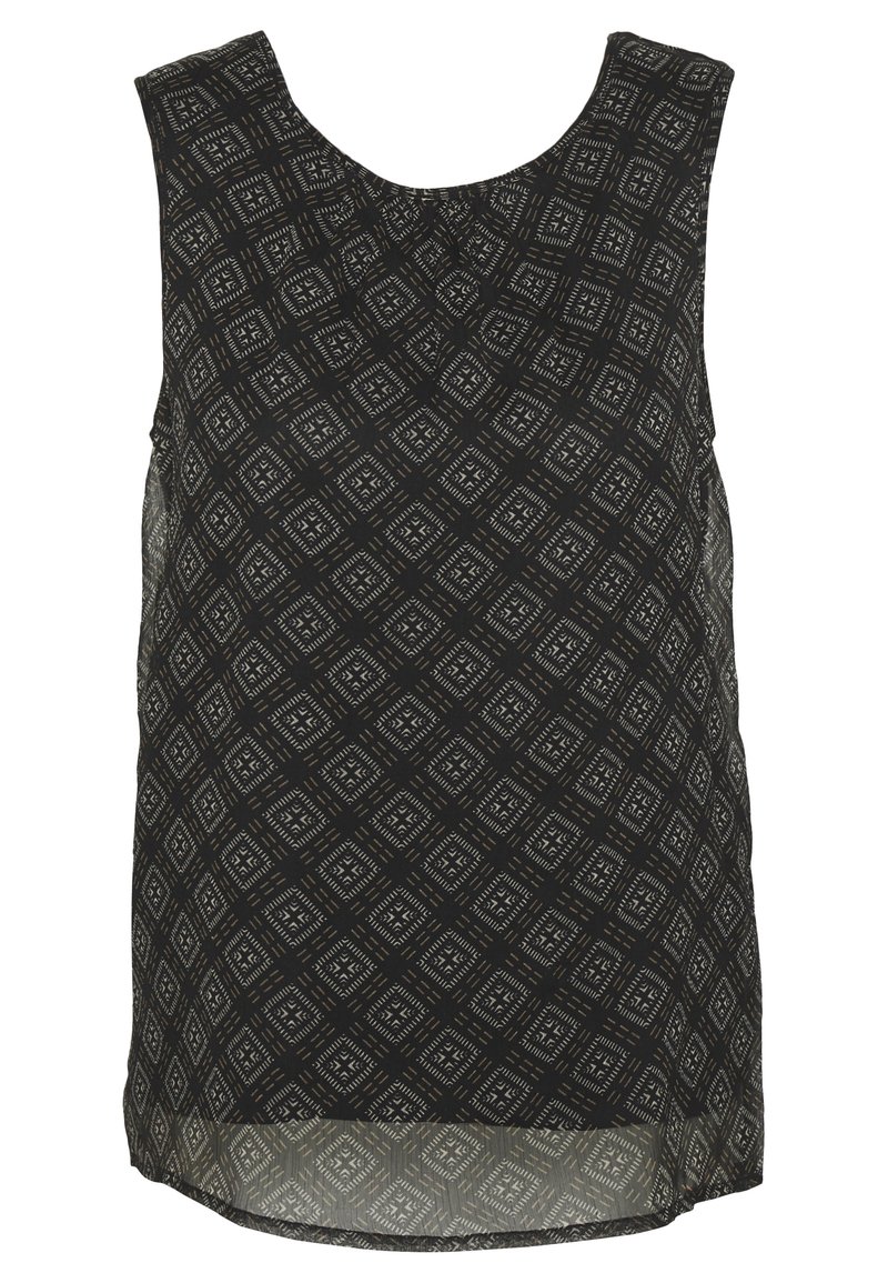 Černý top bez rukávů s geometrickým diamantovým vzorem v bílé a béžové barvě, s kulatým výstřihem a mírně delším zadním lemem.