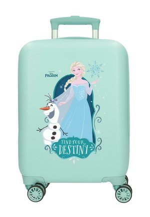 Maleta verde menta con Elsa y Olaf de Frozen, copos de nieve y el texto "Encuentra tu destino" en el frente, cuatro ruedas giratorias y asa telescópica.