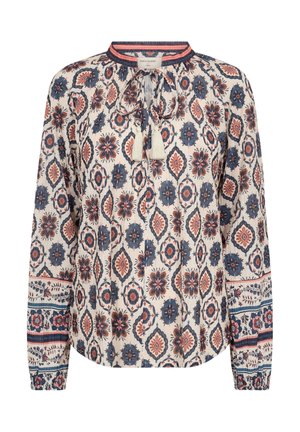 Langemouwenblouse van lichtgewicht, gestructureerde stof met een bloemen- en geometrisch motief in meerdere kleuren, met een ronde hals en strikdetail.