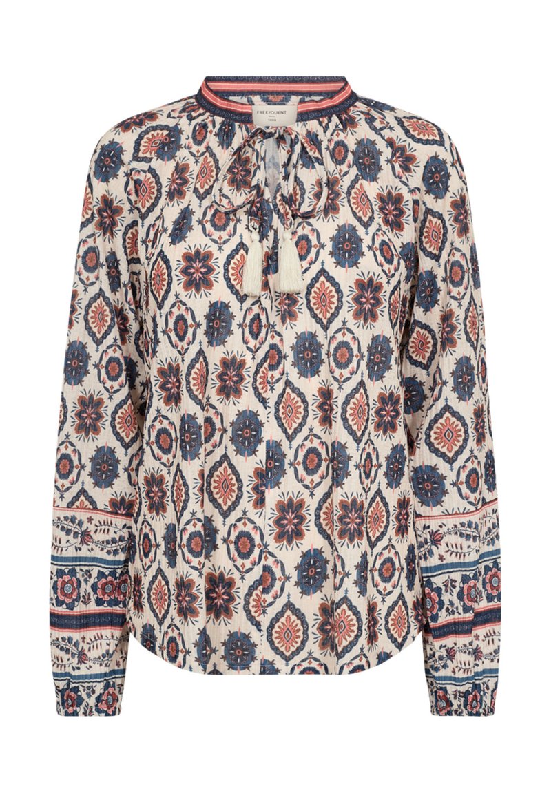 Langemouwenblouse van lichtgewicht, gestructureerde stof met een bloemen- en geometrisch motief in meerdere kleuren, met een ronde hals en strikdetail.