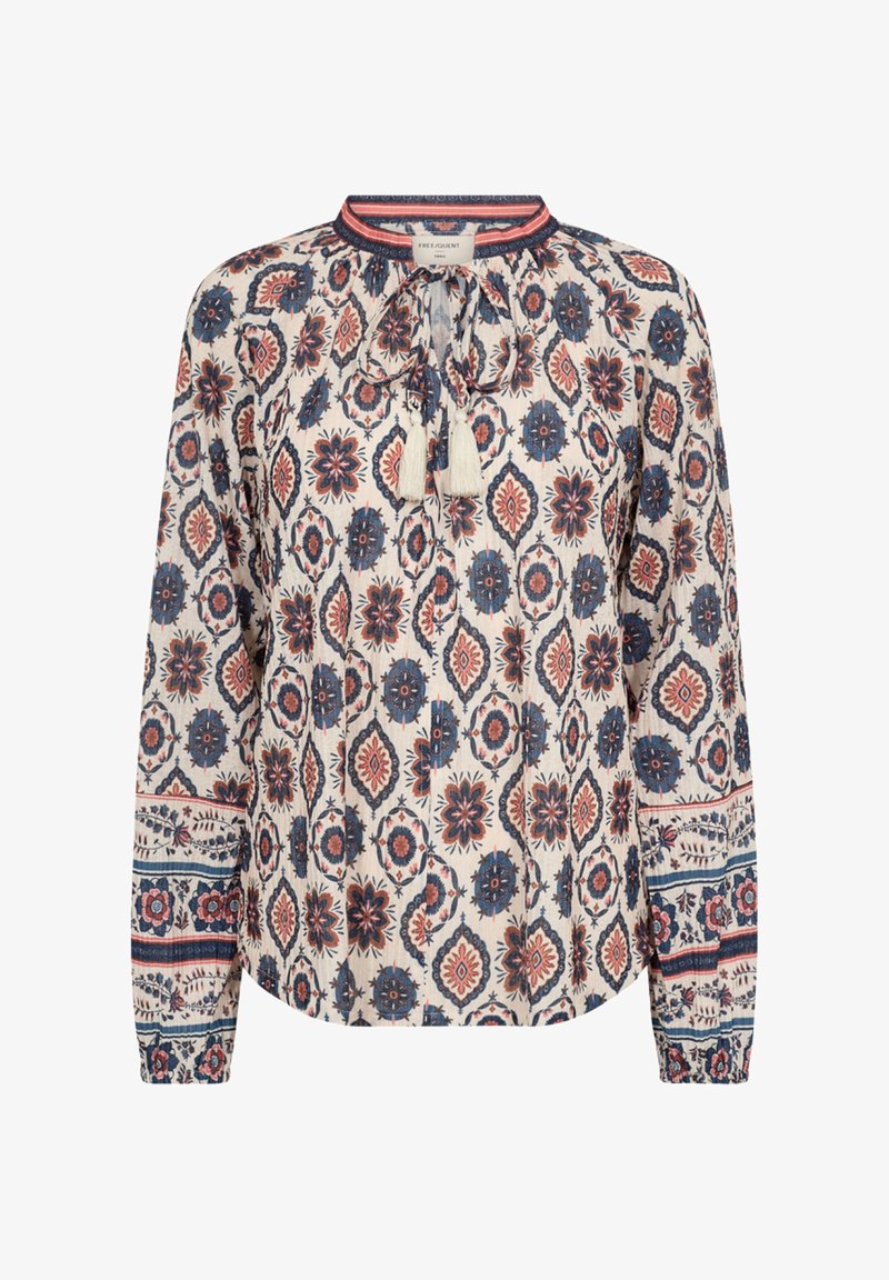 Langemouwenblouse van lichtgewicht, gestructureerde stof met een bloemen- en geometrisch motief in meerdere kleuren, met een ronde hals en strikdetail.