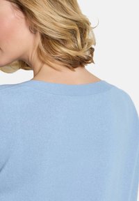 Helles blaues Sweatshirt mit geripptem Kragen und weicher Textur, von hinten gezeigt, mit kurzen, welligen Haaren im Hintergrund.