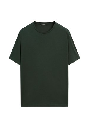 Dunkelgrünes Baumwoll-T-Shirt mit geripptem Rundhalsausschnitt, kurzen Ärmeln und lässiger Passform. Glatte Textur ohne sichtbare Verzierungen.