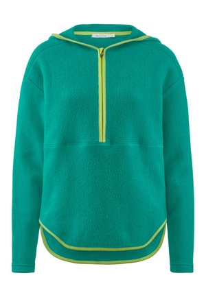 Türkisfarbener Fleece-Pullover mit Kapuze und einem halben Reißverschluss vorne, verziert mit leuchtend grünen Akzenten am Hals und Saum. Weiche Textur, lässige Passform.