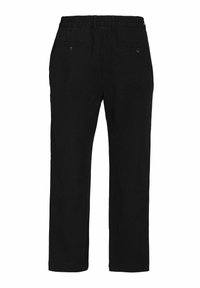 Pantaloni neri con vita elastica, dotati di due tasche posteriori, design a gamba dritta e texture liscia. Nessun motivo visibile o dettagli in metallo.