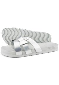 Silver flip-flops with a brushed metallic finish, featuring wide straps and a textured rubber sole. Lightweight and minimal design.