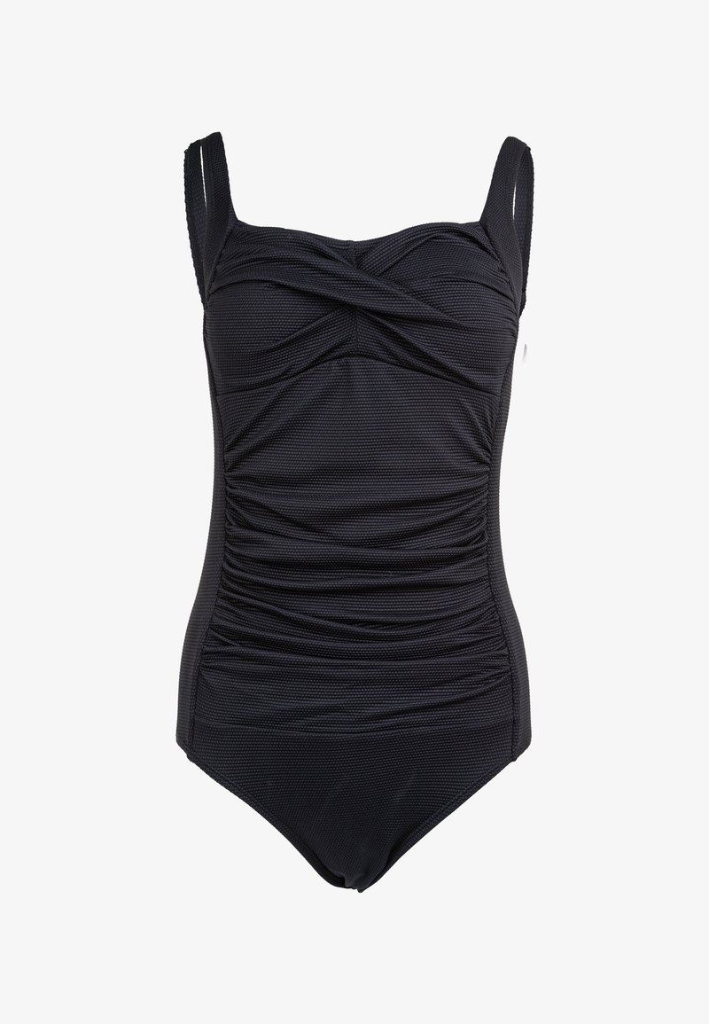 Maillot de bain une pièce noir en tissu texturé, avec des détails froncés sur les côtés, des bretelles réglables et un bustier structuré.