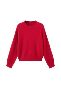 Maglione rosso a maniche lunghe con scollo rotondo, lavorato a maglia, con polsini e orlo a coste, mostrato su sfondo bianco.
