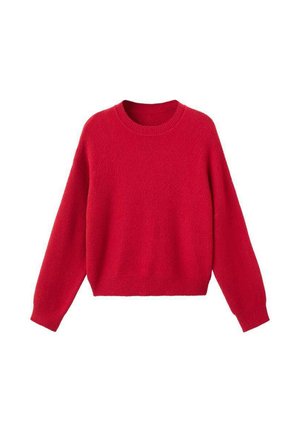 Suéter de punto rojo de manga larga con cuello redondo, con puños y dobladillo acanalados, mostrado sobre un fondo blanco.
