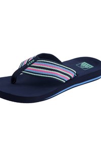 Infradito blu navy con suola in gomma testurizzata. La fascia in tessuto presenta righe orizzontali in rosa, blu e verde acqua. Design leggero e informale.